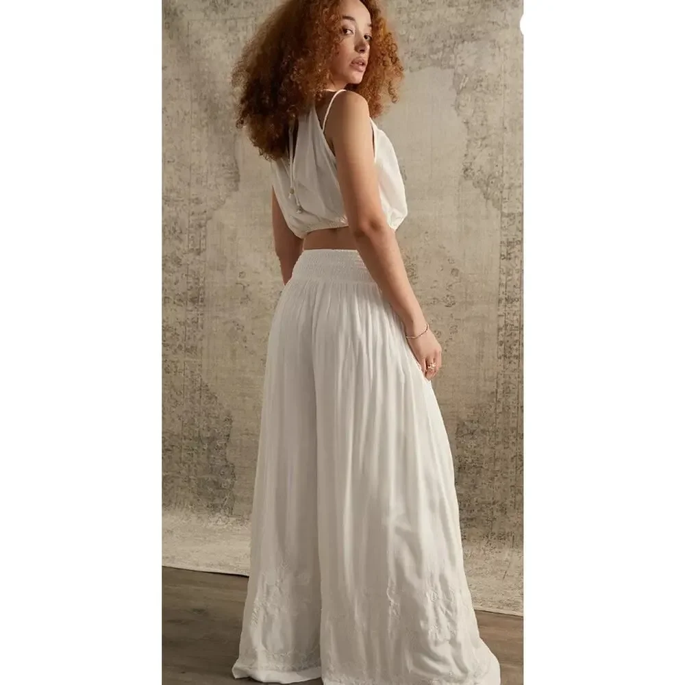 Free People Womens Ivory Angie's Cami & Wide Leg Embroidered Pants Set Sz Med